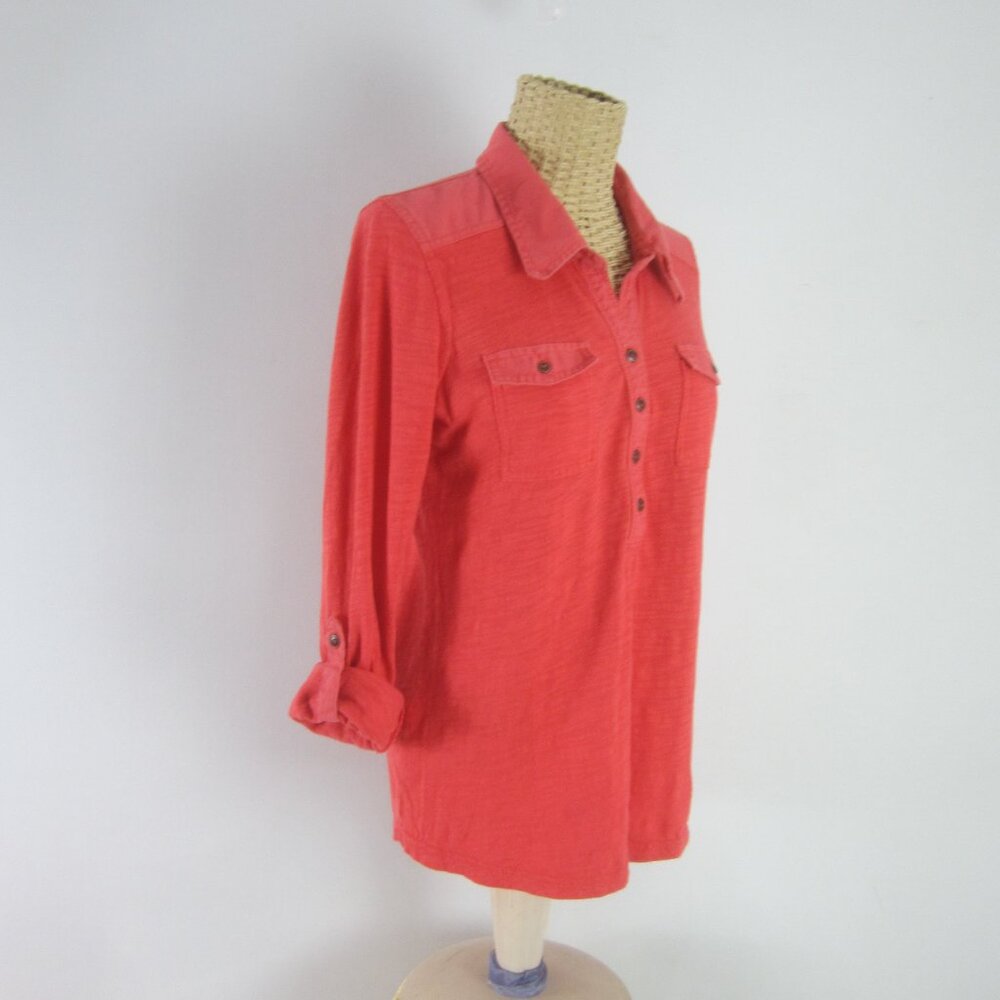 Vtg Eddie Bauer Womens S Terracotta Red LS Cotton Linen Henley Knit Shirt